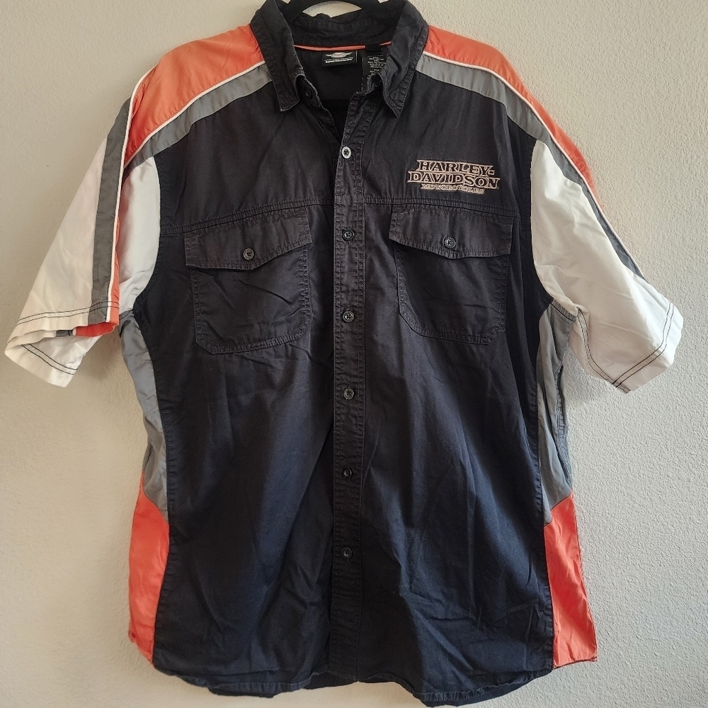 Harley-Davidson Mens Button Down Shirt Short Sleeve Moto Biker Black Size XL